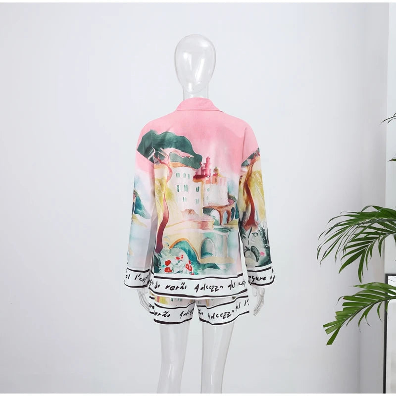 Floral Print Women Two Piece Set With Turn Down Collar Summer Casual Suit