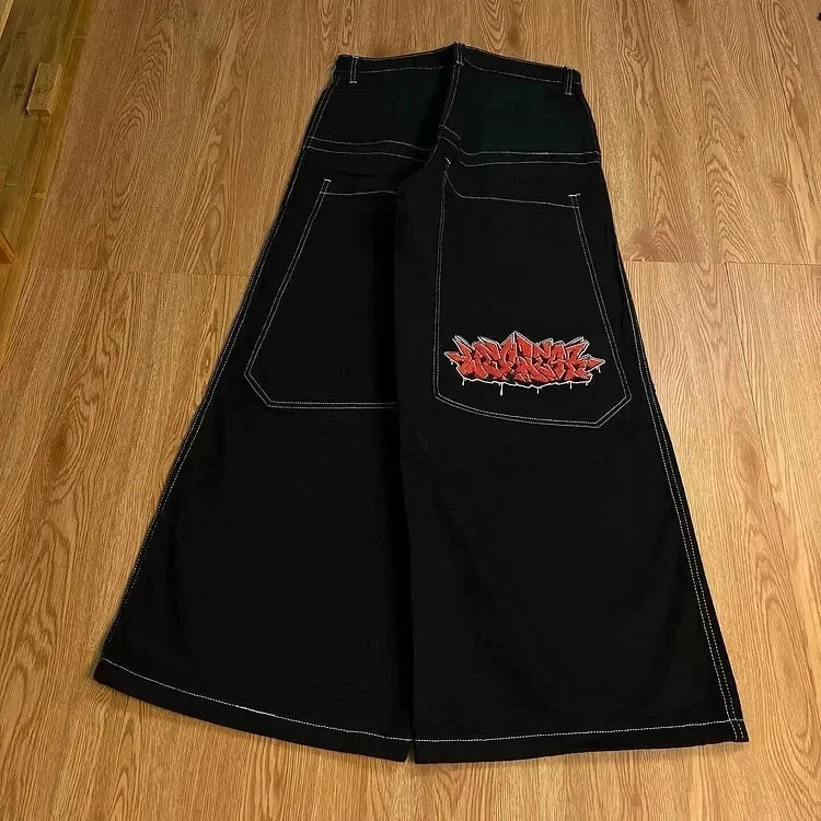 Y2K New Revival Mens Jeans Foliage Bootcut Women Gothic Blue Denim Embroidery Pocket Hip Hop Harajuku Wide Pants Street Wear