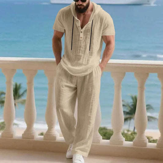 Men's Summer Casual Linen 2 Piece Outfit Hooded Short Sleeve Top Long Pants Beach Tracksuit