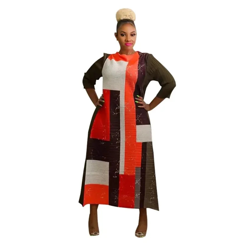 African Dresses for Women Summer Fashion Style African 3/4 Sleeve Polyester O-neck Pleated Dress Dashiki African Clothes Women