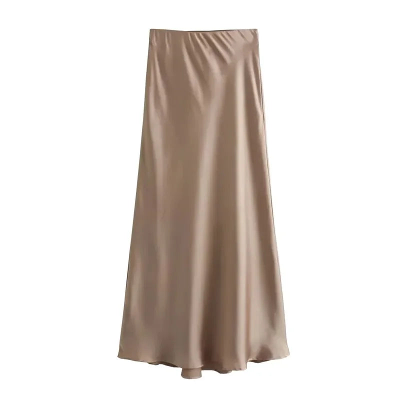 HXAO 2025 Skirts For Women Black Satin Skirt Summer Elegant Women's Midi Skirts High Waist Smooth Skirts Green Flare Skirt 088