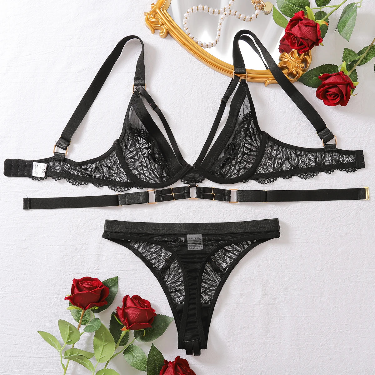 Sexy Lace Women's Three-point Set Elegant Lace Solid Color Ultra-thin Sexy Lingerie Bunny Girl Erotic Set 2-piece Set