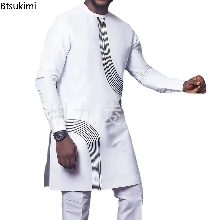 Ethnic Style African Tribal Men Shirts Round Neck Long Sleeve Business Casual Slim Blouses Comfy Traditional Long Tops Gentleman