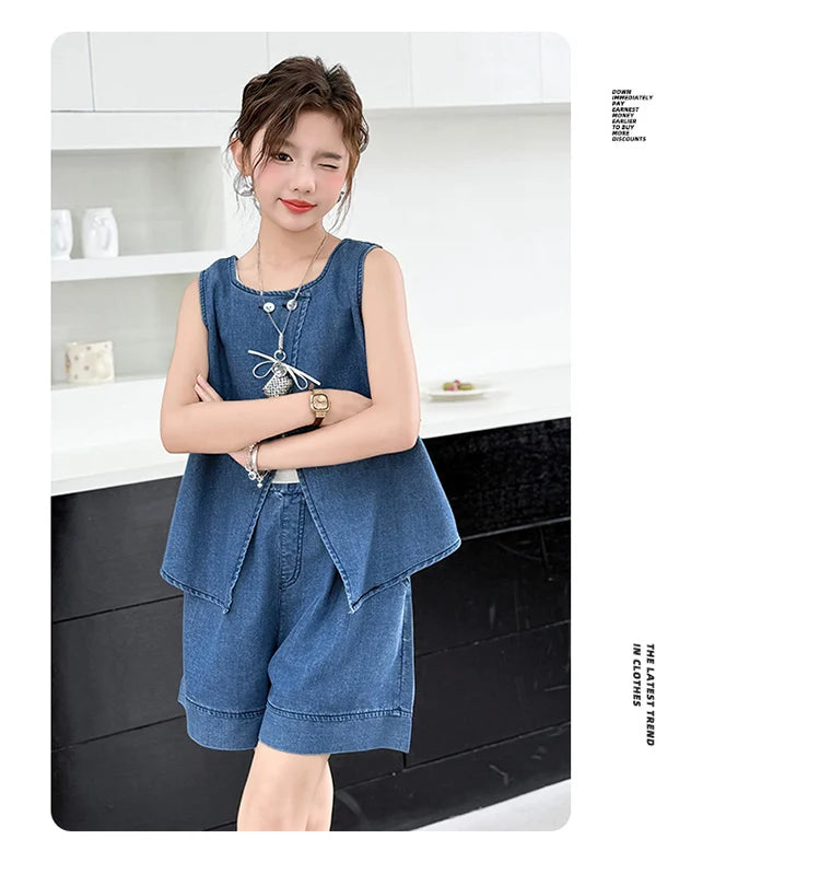 High Fashion Children Summer Denim Suit for Girls Casual Vest + Shorts 2 Piece Clothing Set Kids Trendy Street Outfit Age 5-14 Y