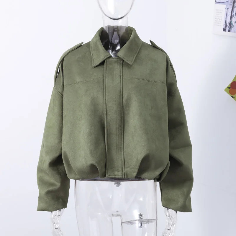 Fashion Suede Green Jackets Coat Women Lapel Full Sleeve Zipper Bomber Coats 2026 Spring New Loose Lady Street Solid Outwears