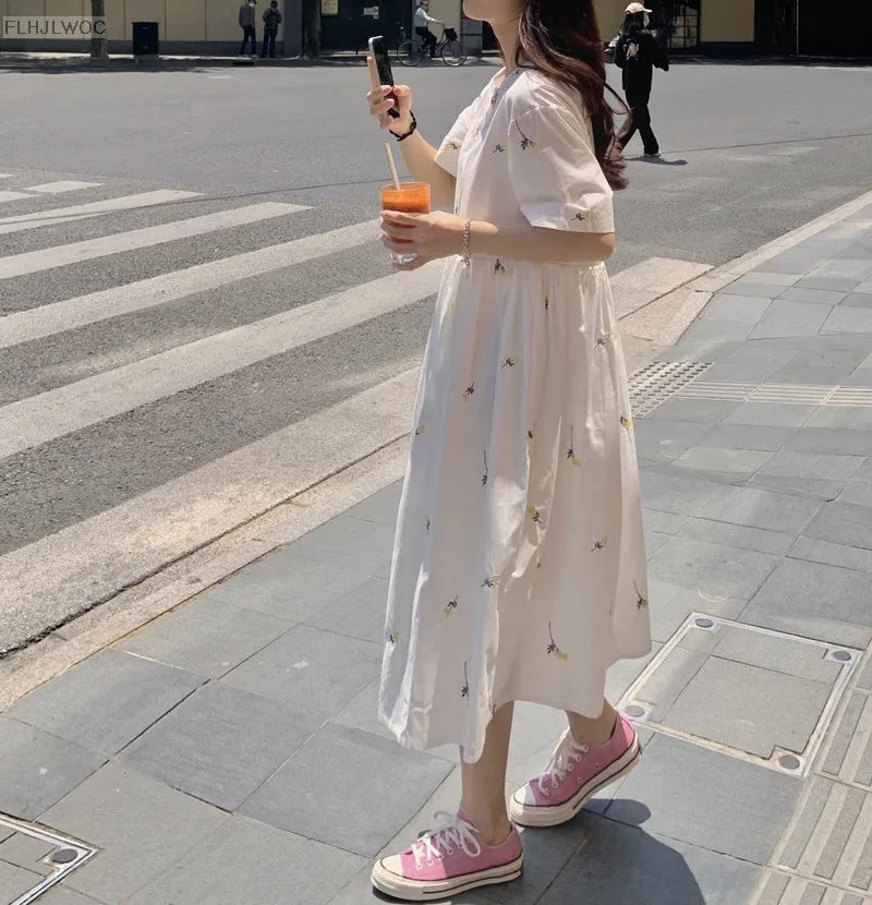 Loose Summer Cute Sweet Japanese Style Girls Flower Embroidery Retro Vintage Single Breasted Button Cotton Blends Shirt Dress