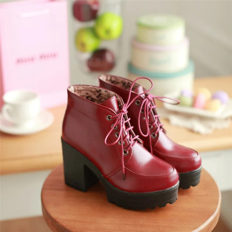Lace Up Sexy Women's Ankle Boot Spring Autumn Fashion Platform Punk High Heels Black White Red Pumps Autumn Rubber Shoes Woman