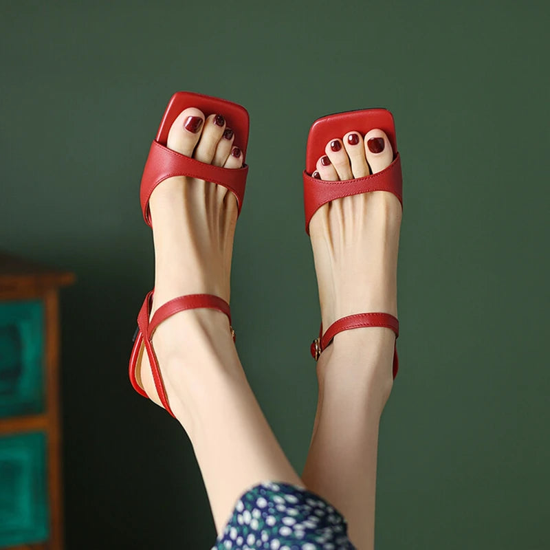 2025 Summer Sandals Women Shoes Open-Toe Thin Heel Women Sandals Split Leather Square Toe Shoes for Women High Heels Handmade