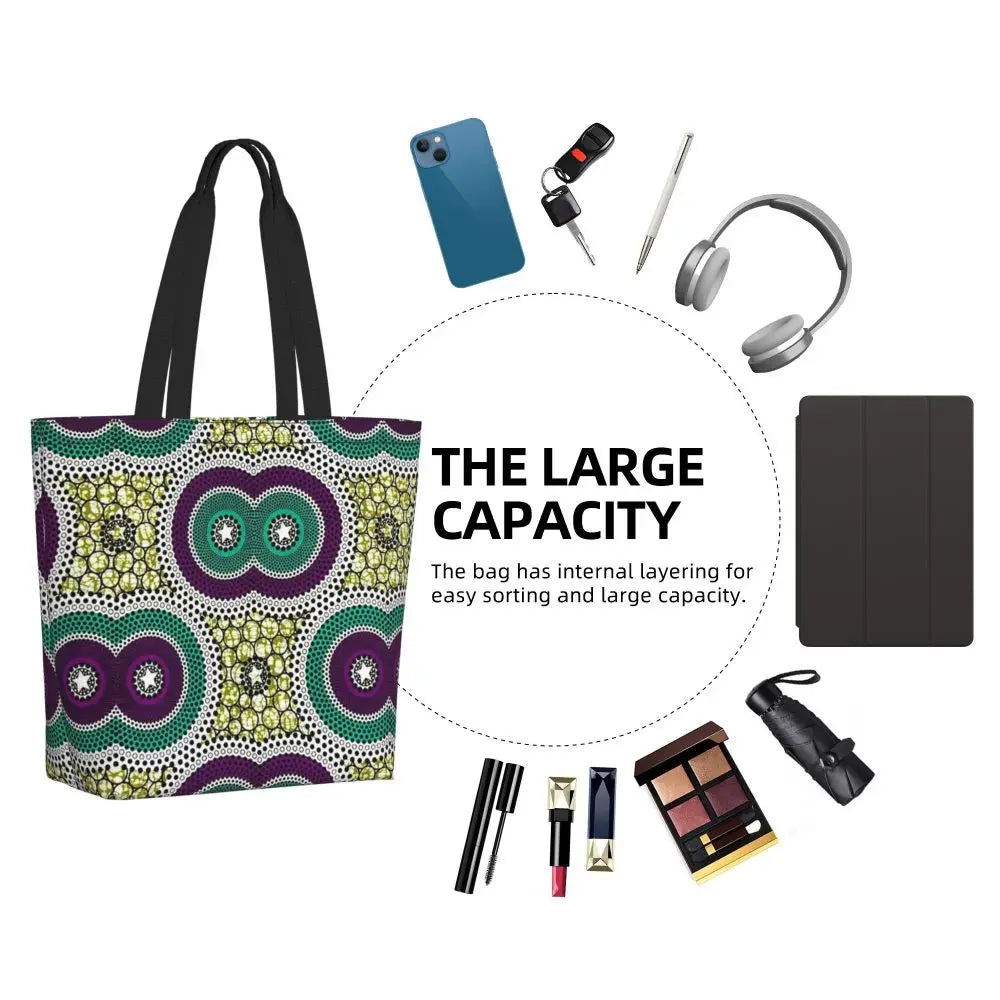 African Ankara Prints Grocery Shopping Tote Bags Women Geometric Ethnic Art Canvas Shoulder Shopper Bags Big Capacity Handbag