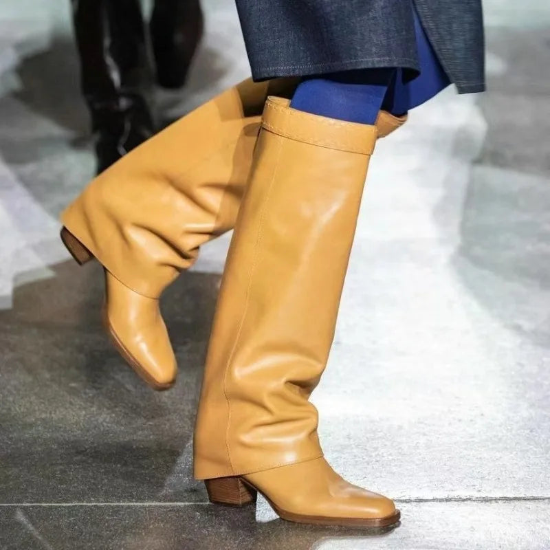 Elegant Temperament of European and American Women, Thick High Heels, Skirt Hem, Knee High Boots, Oversized Retro Knight Boots