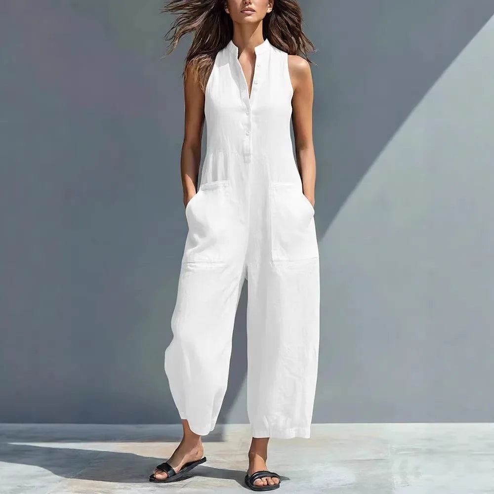 Summer Casual Sleeveless Stand Up Collar Pocket Jumpsuits Women Macacão Feminino Combinaison Femme Monos De Mujer Casuales