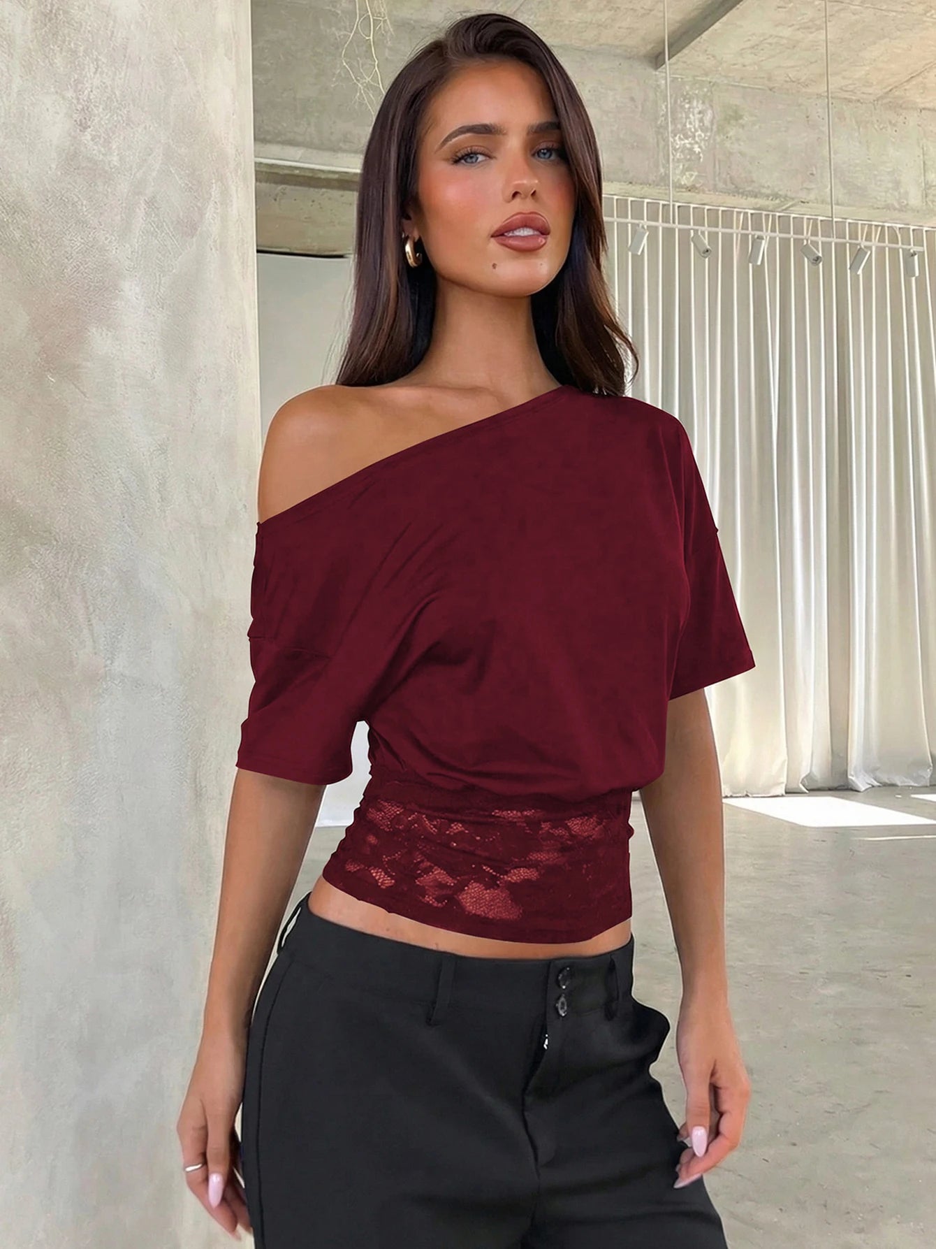 Dulzura Inclined Shoulder Short Sleeve Slim Lace Patchwork T-Shirt Women'S Vintage Sexy Casual Y2K Top Party Club Summer Clothes