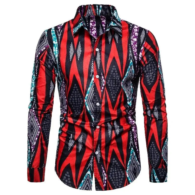 African Traditional Print Men's Shirts Casual Single-Breasted Blouses Long Sleeve Shirt Streetwear Trend Lapel Tops Men Clothing