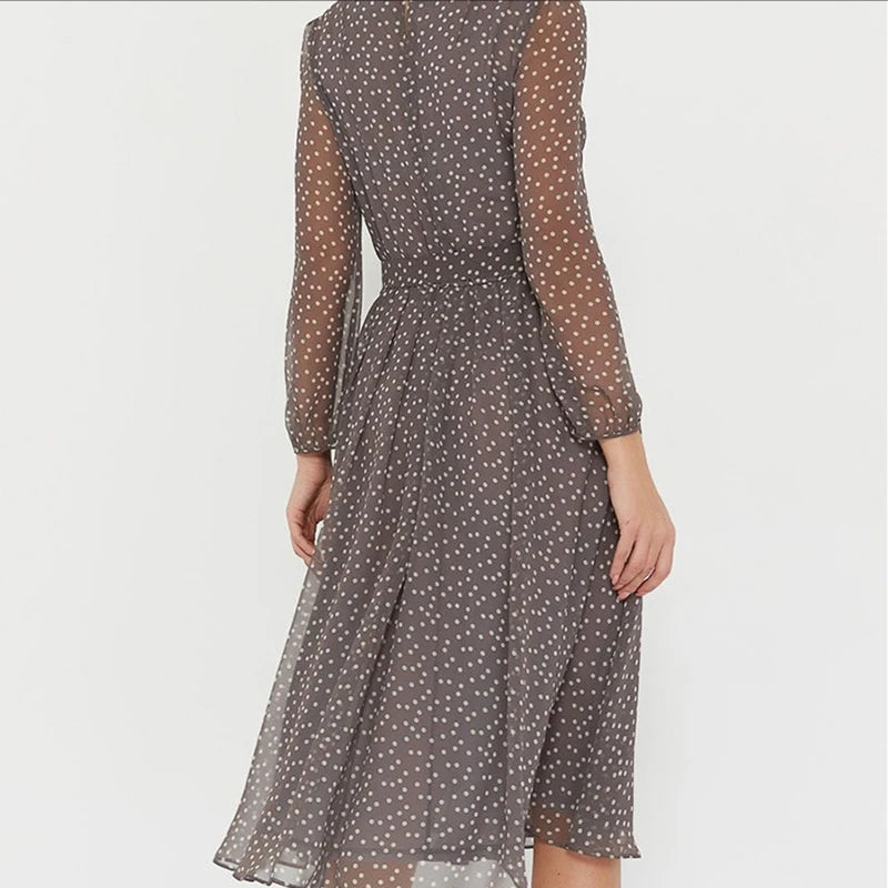 Spring and Summer Chiffon Dress Long Sleeved Solid Color Polka Dot Dress Elegant Lantern Sleeve Round Neck High Waisted Dresses