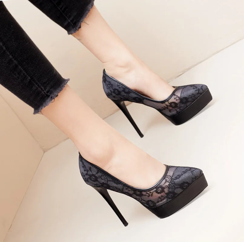Fashion Roman Pumps 12Cm Black Platform High Heels Mesh Breathable Sexy Shallow Mouth Pointed Single Shoes Small Size 32 33