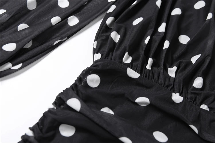 Nibber See Through Mini Dress Woman Turtleneck Mesh Full Sleeve Polka Dot Print Skinny Peach Hip Street Ruched Elegant Bodycon