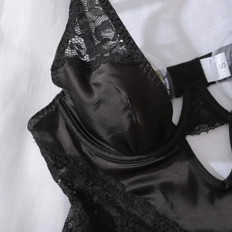 Sexy Deep V Neck Satin Dress Women Sexy Lingerie Lace Patchwork Split Sissy Night Dress Slip Dress Silk Nightwear Платье Женское