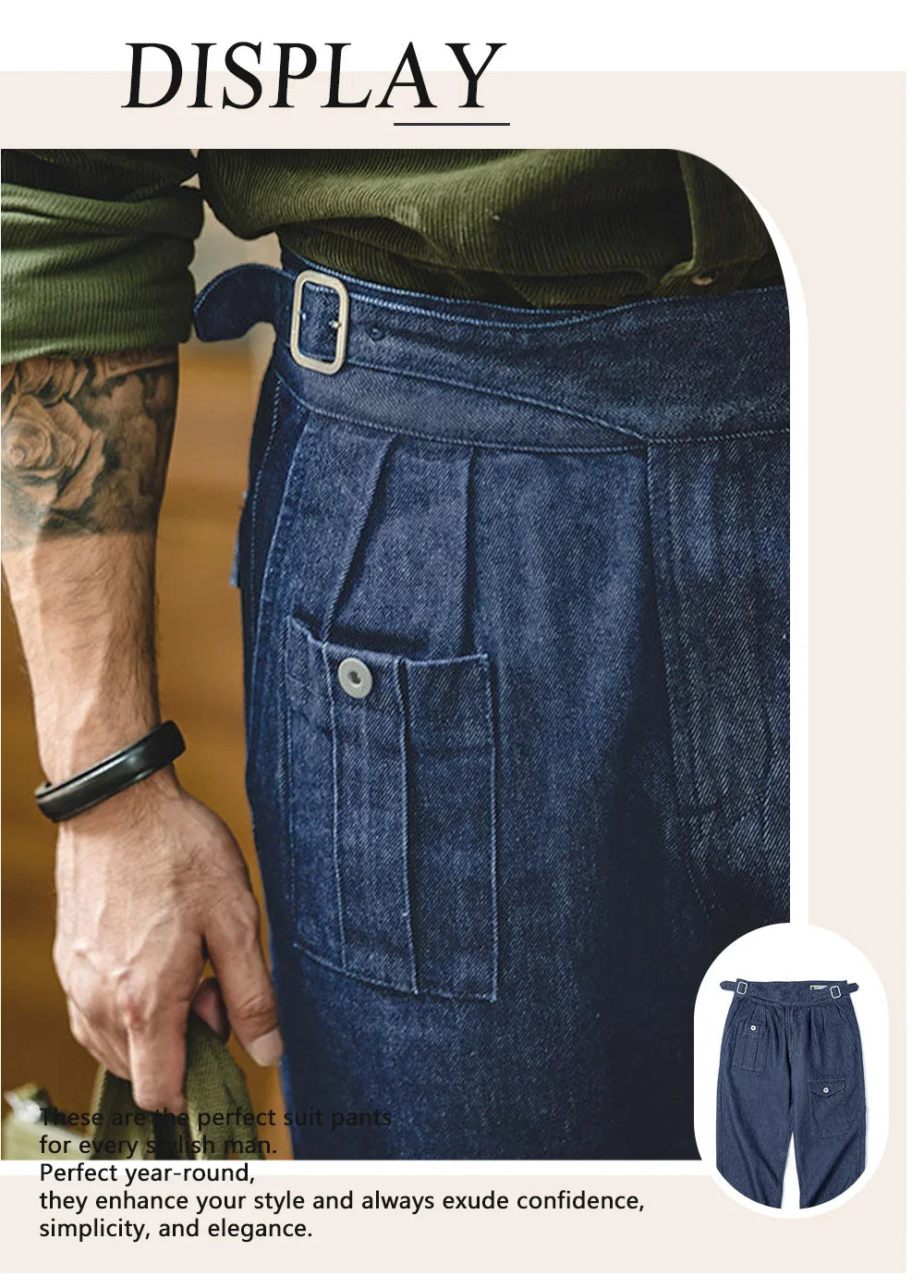 Men High-Waisted Button Suit Pants Elegant Denim Texture Italian Fabric Daily Commuting Wear