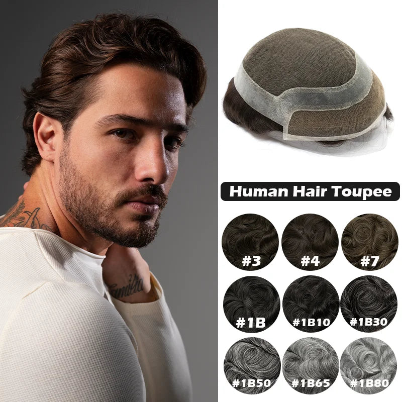 Hollywood Men Toupee Lace & PU Base Human Hair Replacement System Unit for Men Durable Male Hair Prosthesis Wigs