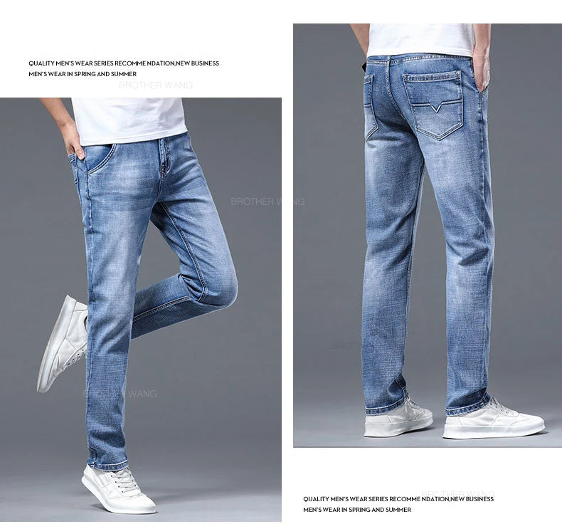 Classic Summer Men's Thin Stretch Fit Jeans Business Casual Slim Fit Denim Pants Soft Fabric High Quality Straight Leg Trousers