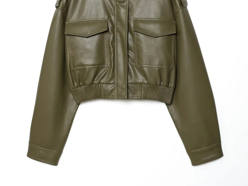 Mujer Faux Leather Cropped Bomber Jacket For Women Zipper Front Coat