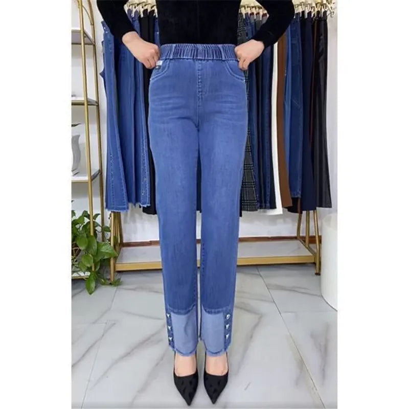 Plus Size Middle Aged Womens Jeans Elastic Waist High Waist Loose Denim Pants
