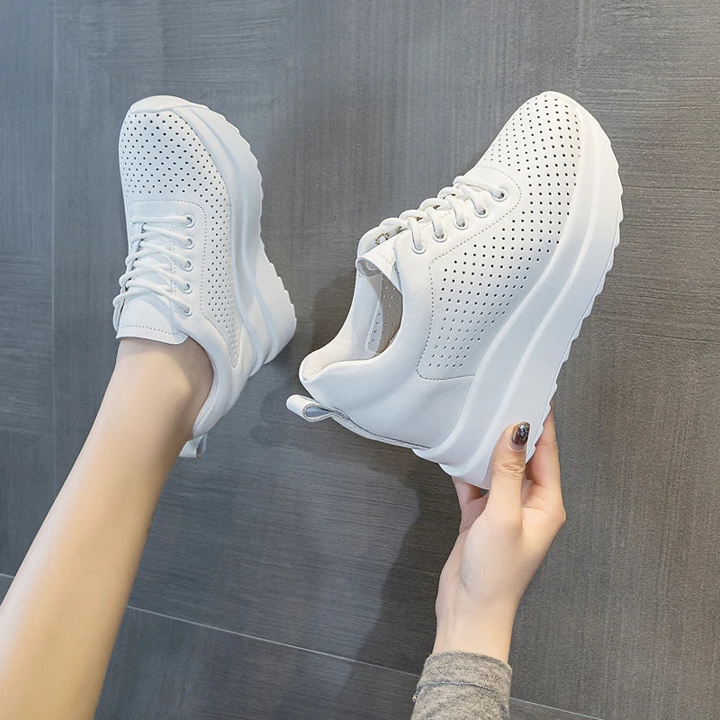 10cm Genuine Leather Women Vulcanize Women Summer Hidden High Heels Platform Wedge Spring Autumn Chunky Sneakers Shoes