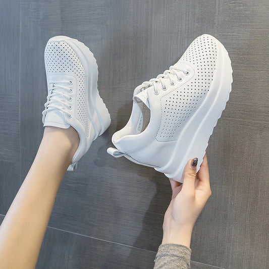 10cm Genuine Leather Women Vulcanize Women Summer Hidden High Heels Platform Wedge Spring Autumn Chunky Sneakers Shoes