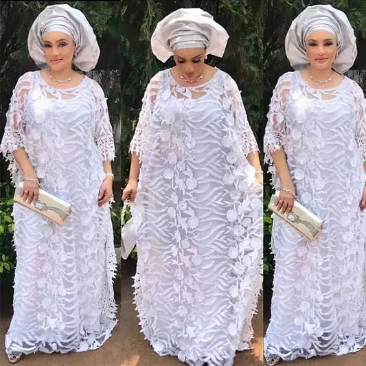 White Lace Hollow Africa Dresses for 2023 Muslim Women Dress African Clothes Dashiki Taditional Boubou Arabic Robe Femme Ramadan