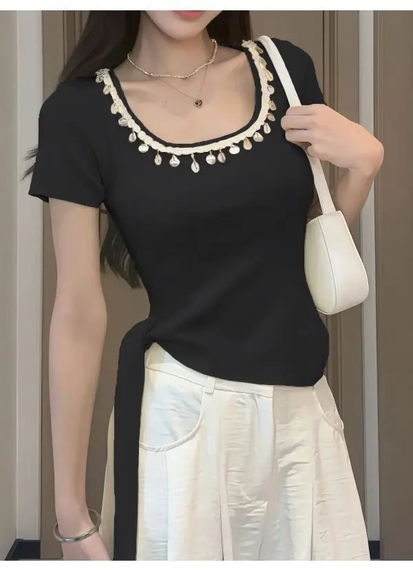 Short-sleeved Women's Top Bestseller 2025 New French Stylish Design Slimming and Flattering, Popular Online Clothing