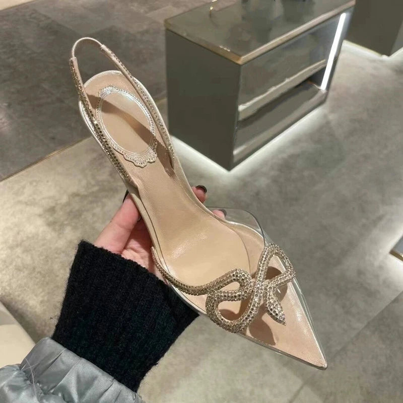 2024 Spring and Summer New Rhinestone High Heels Women's Thin Heels Pointed Sandals Transparent One-word Buckle Bag Head Shoes