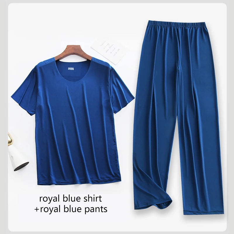 2Pcs/set Mens Ice Silk Short Sleeves T-Shirt & Long Pants Cool Thin Sleepwear Male Summer Pyjamas Home Clothing Nightwear Suit
