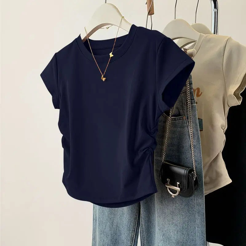 Women Summer Short Sleeve Top Slim Fit Round Neck Tee Breathable Casual