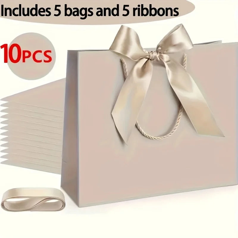 10pcs (5 Bags + 5 Ribbons) Elegant Beige Thank You Gift Bags, Paper Gift Bags, Shopping Bags with Golden Bows - Foldable