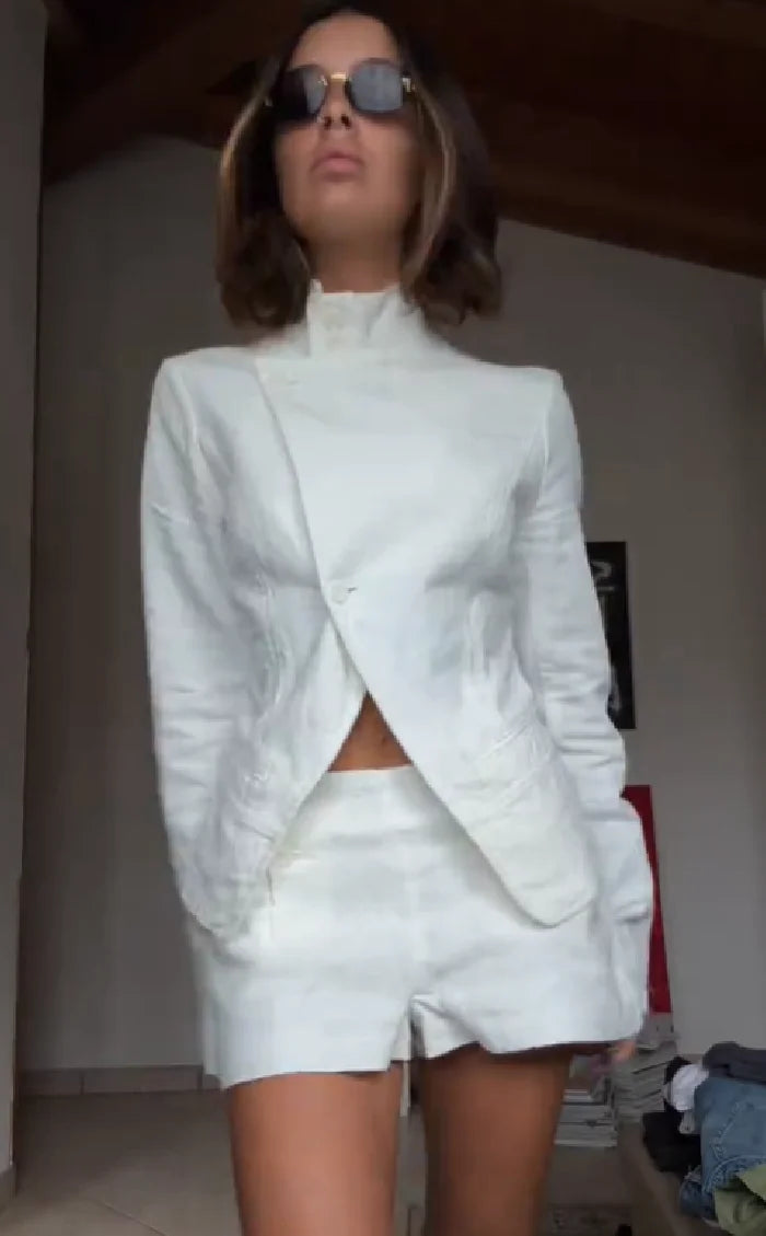 Women's Elegant White Linen Two-piece Outfit Asymmetric Long Sleeved Stand Collar Blazer Jacket Cozy High Waist Shorts Set