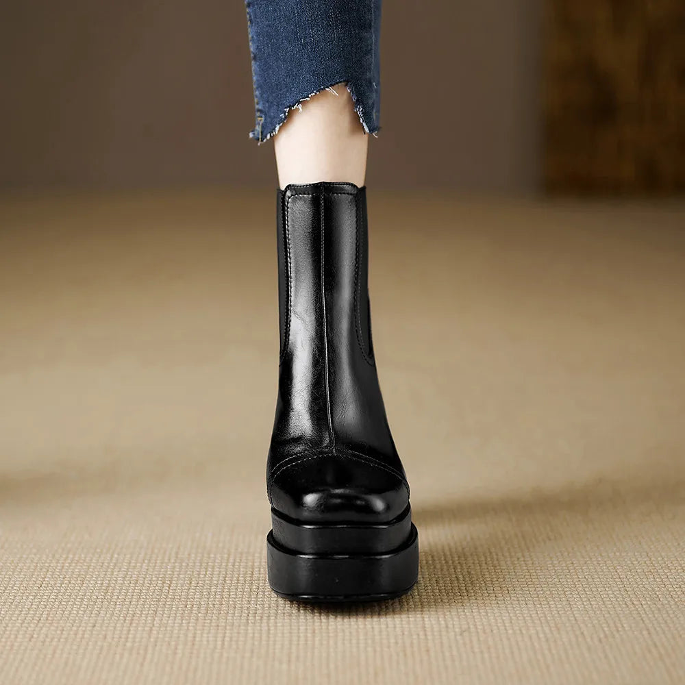 Aucegi Women Genuine Leather Back Zipper Ankle Boots Fashion Square Toe Platform Thick High Heels Party All Match Casual Shoes