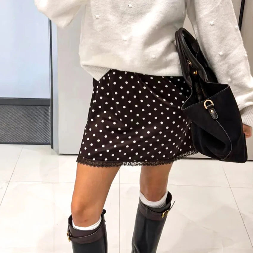 Linad Street Chic Polka Dot Lace Skirts Spriing Vintage Satin Mini Skirt 2026 Fashion High Waist A Line Short Skirts For Woman