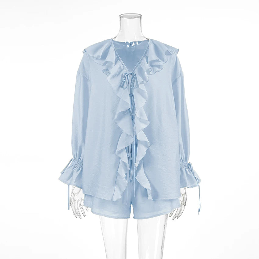 Tornova Women's Ruffled Shorts Sets V Neck Loose Lace Up Shirt Loose Through Sexy Casual Shorts Female Spring New Matching Sets