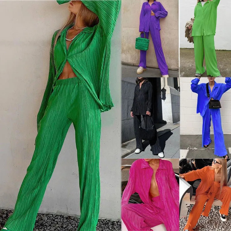 New Two Piece Set Women Outfits Pleated Women's Elegant  Drape Loose Sets Shirt High Waist Trousers Female Suit Fashion Casual