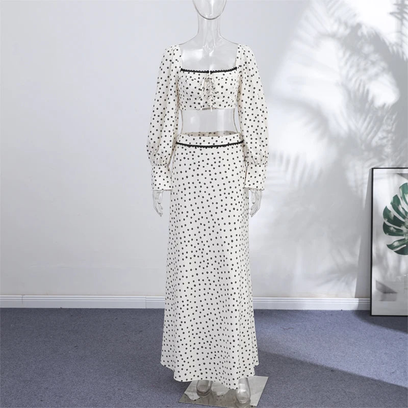Fashion Women's Polka Dot Long Skirt Set Square Neck Lantern Sleeve Lace Crop Top High Waist A-line Skirts 2026 Summer Lady Suit
