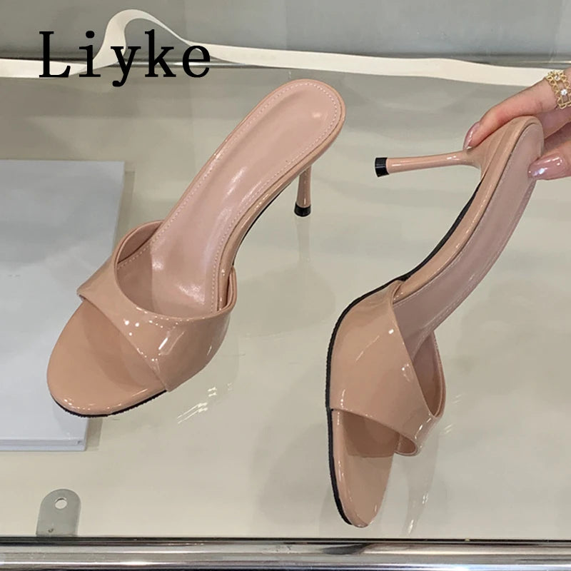 Liyke White Patent Leather Women Slippers Sandals Fashion Round Open Toe Thin High Heels Mules Slides Summer Party Dress Shoes