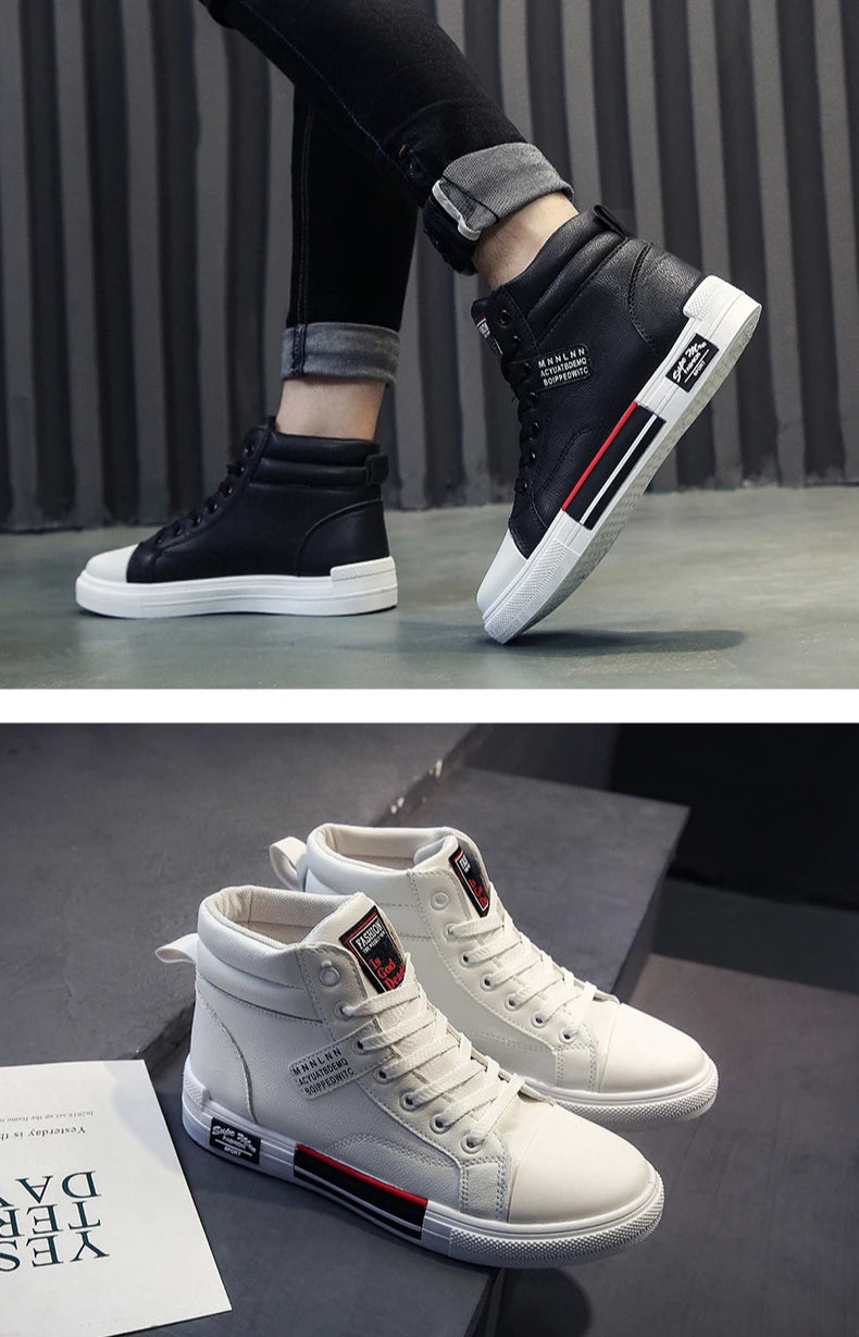 Fashion Leather Men Canvas Shoes Casual High-Top Shoes Autumn Men Non-Slip Tennis Sneakers Summer Flat Shoes Zapatillas