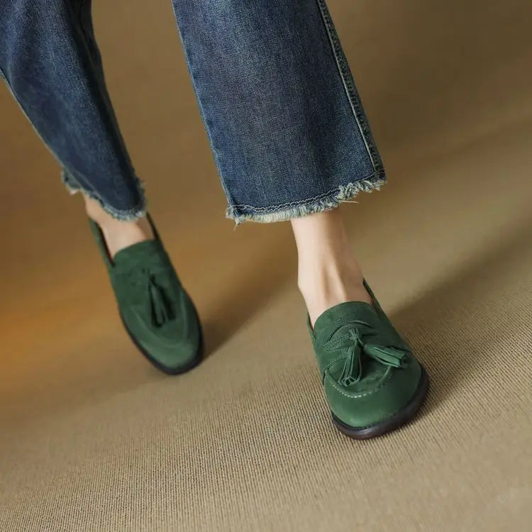 Women's loafers leather shoes Spring New Products Genuine leather sheepskin Nubuck Leather Black/Green/Orange Tassel decoration