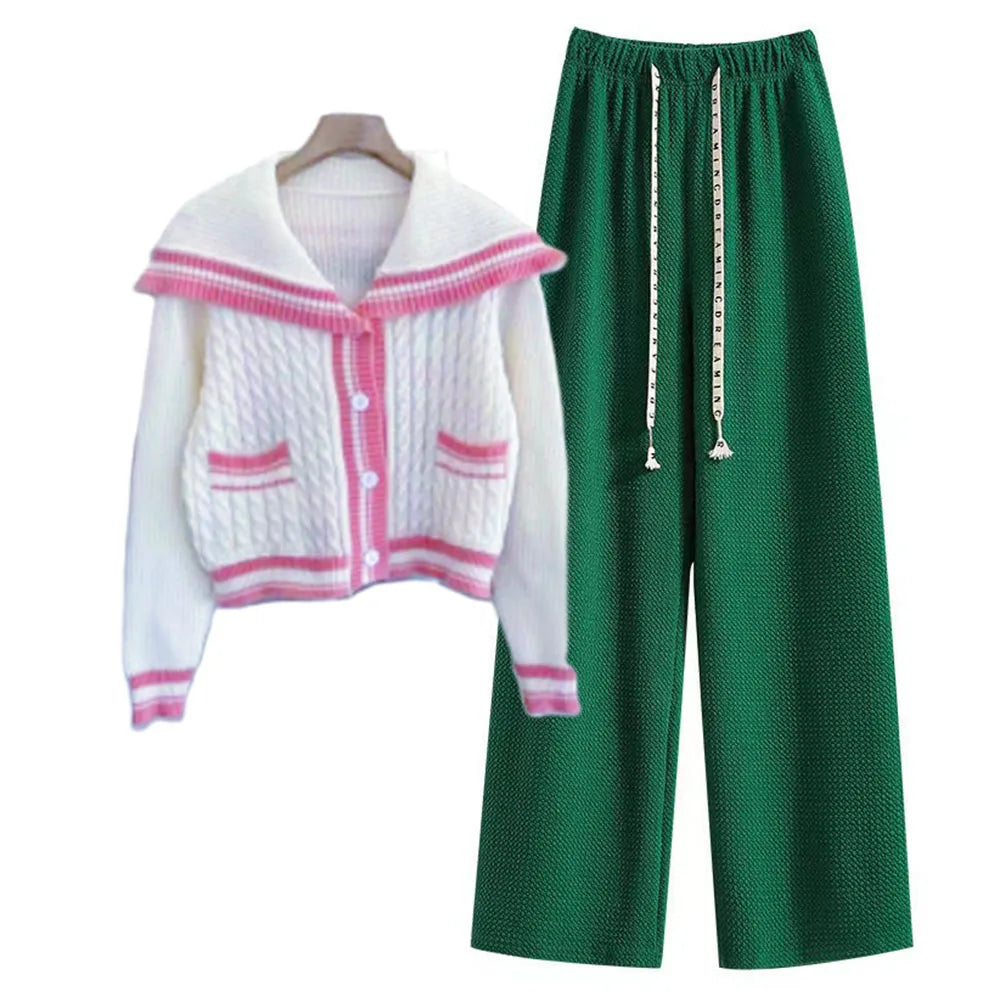 Knitted Spring Preppy Style Sailor Neck Women's Knitted Cardigan Elastic Wide Leg Pants Long Sleeve Korean Sportswear Set