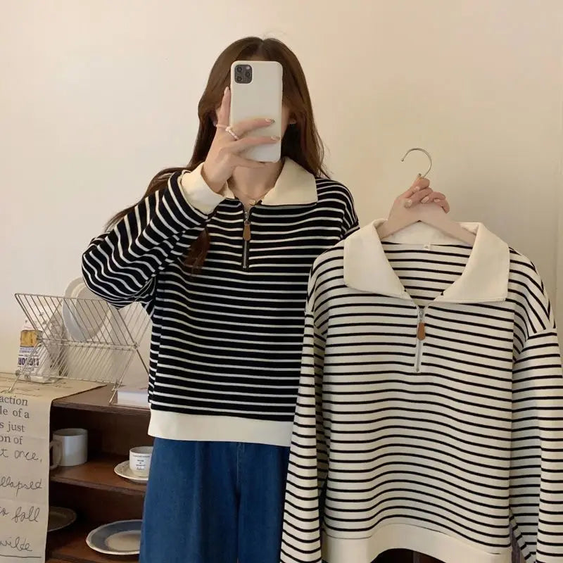 Women Striped Half Zip Sweatshirt Long Sleeve Collared Pullover Casual Fit  Fashion Oversized Streetwear Tops 2026 Tendencias BAZAARHUBO