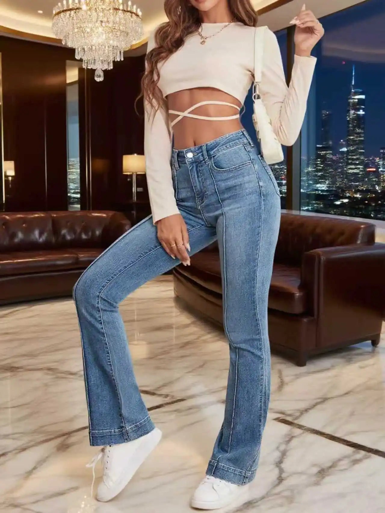 Gray Stretch Womens Slimming Flared Jeans With Seam Detailing Bootcut Trousers