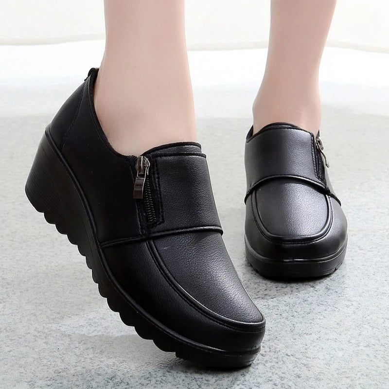 Women's Shoes Zip Womens Wedge Shoes Black Soft Sole Moms Shoes Non Slip Durable Women High Heels Comfortable Zapatos De Mujer