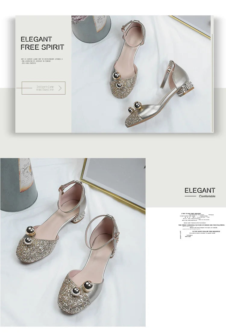 Princess Kids Leather Shoes Girls Sandal Sweet Pearl Casual Glitter Children High Heels Girls Party Dance Shoes Pink Gold Silver