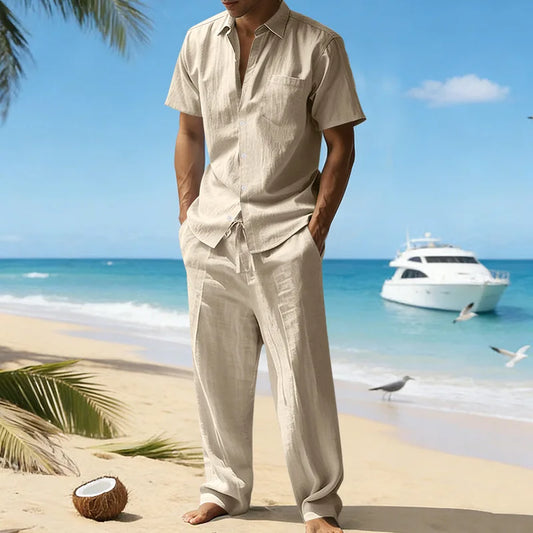 Summer linen lapel short-sleeved shirt set for men, casual trousers two-piece set, European and American men's beach travel wear