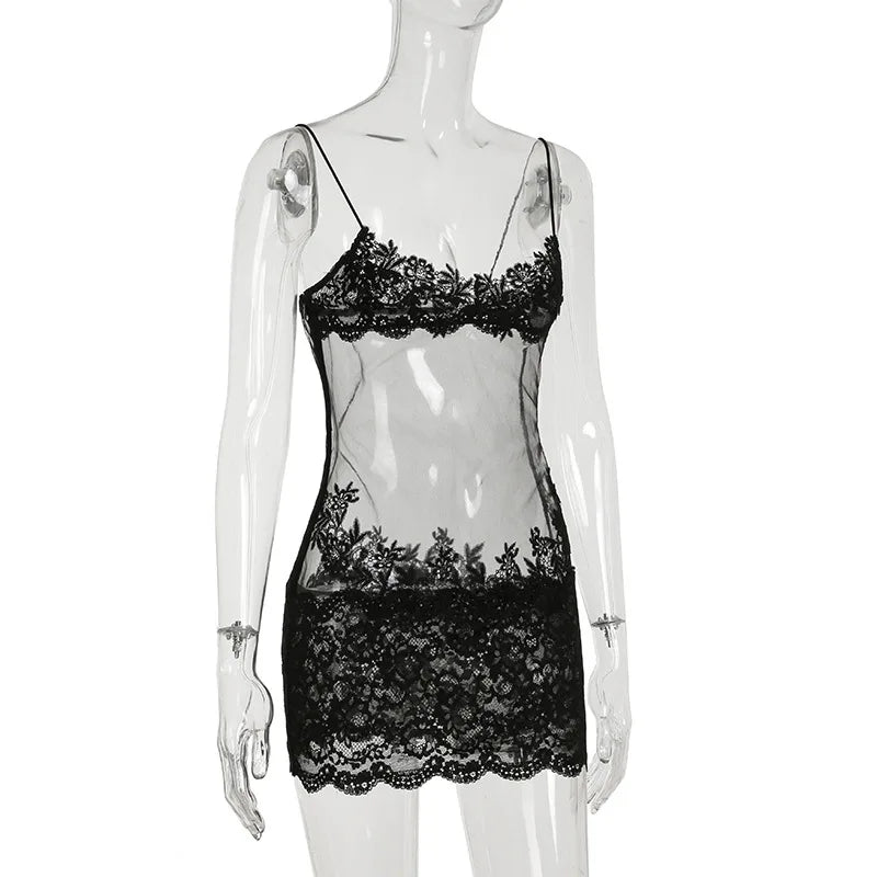 Lace Transparent Mini Dress Sexy Women Wrapping Spaghetti Embroidery Flower Sheath Nightwear Club Mesh Wave Fantacy